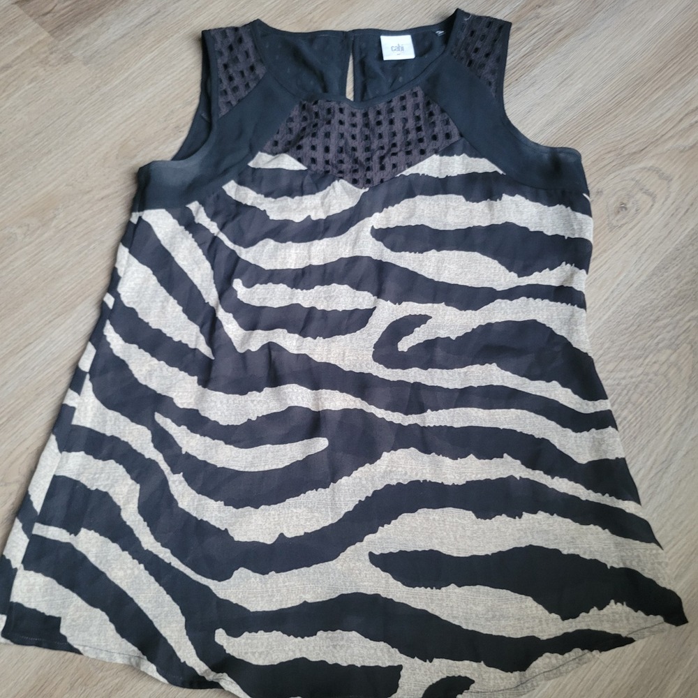 Cabi Women Sleeveless Blouse XS Black Zebra Animal Print Mesh Boho‎ Top